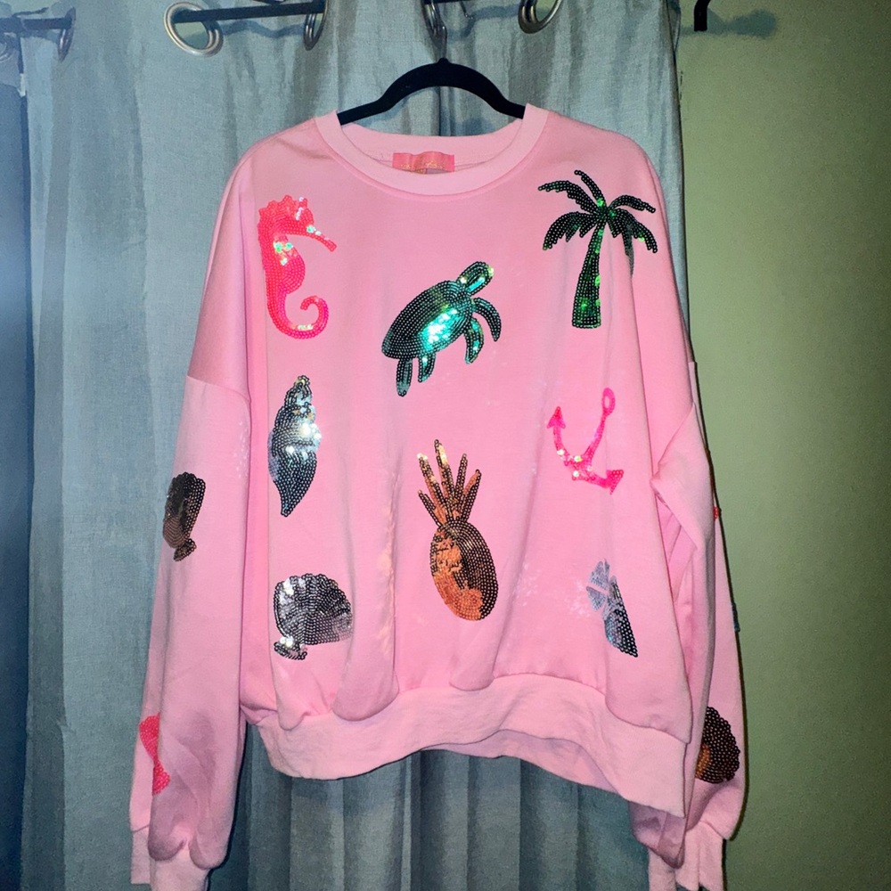 Simply Southern Pink Sequin Tropical Motif Sweatshirt